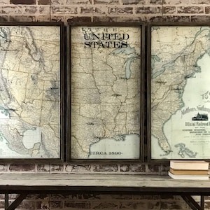 May include: A set of three framed vintage maps of the United States, each with a different section of the country. The maps are in black and white with brown accents and are labeled "The United States Circa 1890" and "Mallory,  Northrup & Co. Official Railroad Map 1890".
