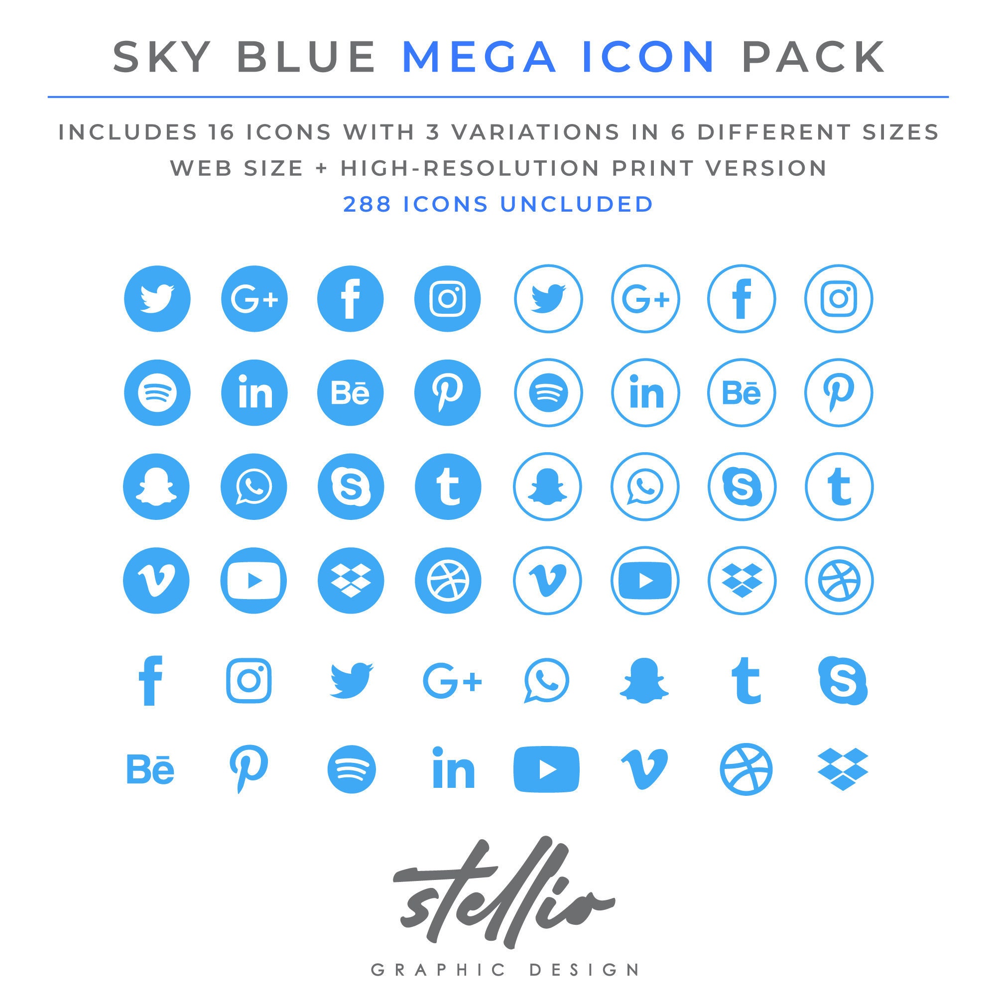 Social Media Icon Set Sky Blue Blue Social Media Graphic Etsy