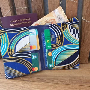 Grand portefeuille wax bleu et doré protége passeport fermeture éclaire porte monnaie porte carte fermeture élastique