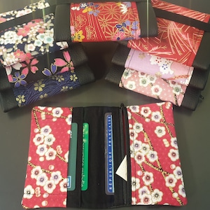 Carteira japonesa tecido e couro sintético multi-bolso com zíper porta-moedas porta-cartões fecho elástico prático porta-moedas