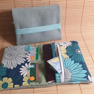 Grand portefeuille velours côtelé fleuri étui passport ton bleu vert fermeture éclaire porte monnaie porte carte fermeture élastique