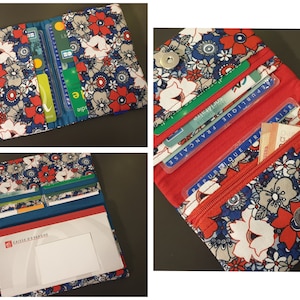 Portefeuille organisateur porte chéquier portefeuille fleurs bleu rouge porte carte fermeture éclaire porte monnaie