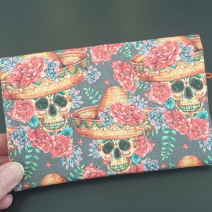 Cartera grande gótica calavera de colores naranja multibolsillos cremallera monedero tela tarjetero botón magnético
