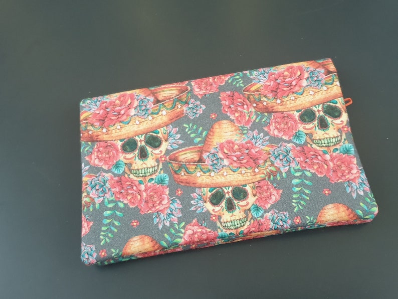 Große Gothic-Totenkopf-Geldbörse, bunt, orange, mit mehreren Taschen, Reißverschluss, Münzbörse, Stoff, Kartenhalter, Magnetknopf Bild 3