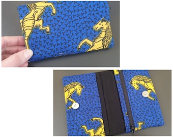 Large wax wallet blue yellow horse multi-pocket zipper coin purse fabric card holder magnetic button