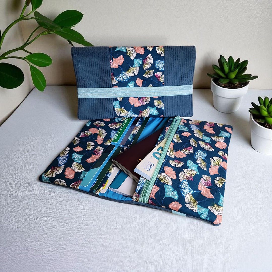 Large Checkbook Wallet in Blue Ginkgo and Velvet Fabric, Passport Card ...