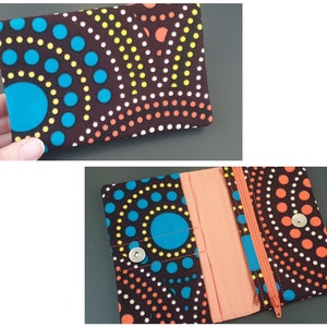Portafoglio grande in cerata con rosette blu arancio, cerniera multitasche, portamonete, portacarte in tessuto, bottone magnetico
