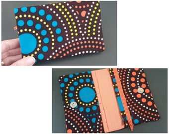 Large wax wallet with blue orange rosettes, multi-pocket zipper, coin purse, fabric card holder, magnetic button