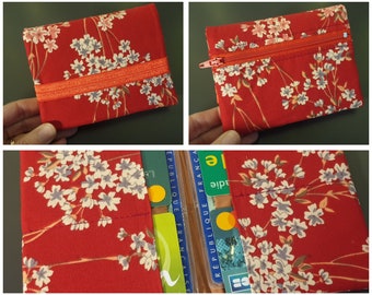 Japanese wallet red flowers multi-pocket zipper coin purse fabric card holder elastic closure