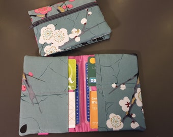 Portefeuille japonais sakura gris fuchsia multipoches fermeture éclaire porte monnaie porte carte en tissus fermeture élastique