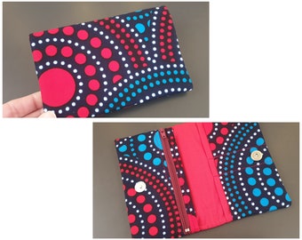 Large wax wallet with blue and red rosettes, multi-pocket zipper, coin purse, fabric card holder, magnetic button