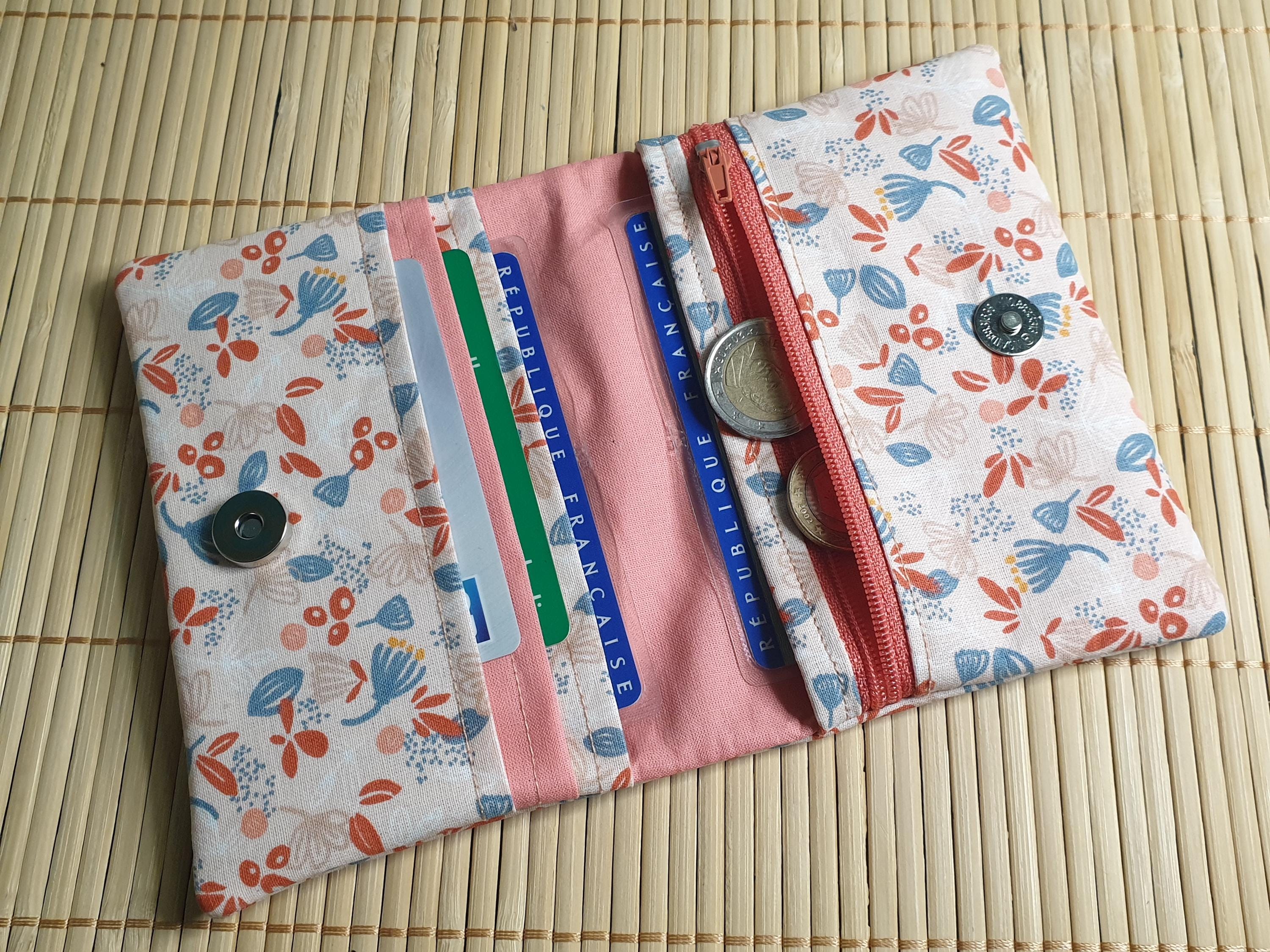 Pink and blue flower wallet with zipper, fabric card holder, magnetic button