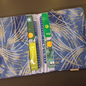 Japanese wallet blue foliage multi-pocket zipper coin purse fabric card holder elastic closure image 2