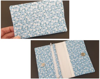 Portafoglio grande fiore blu e bianco stile librety multitasche portamonete con cerniera portacarte in tessuto bottone magnetico