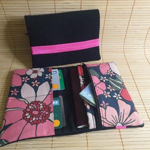 Grand portefeuille velours côtelé fleuri étui passport ton noir fermeture éclaire porte monnaie porte carte en tissus fermeture élastique