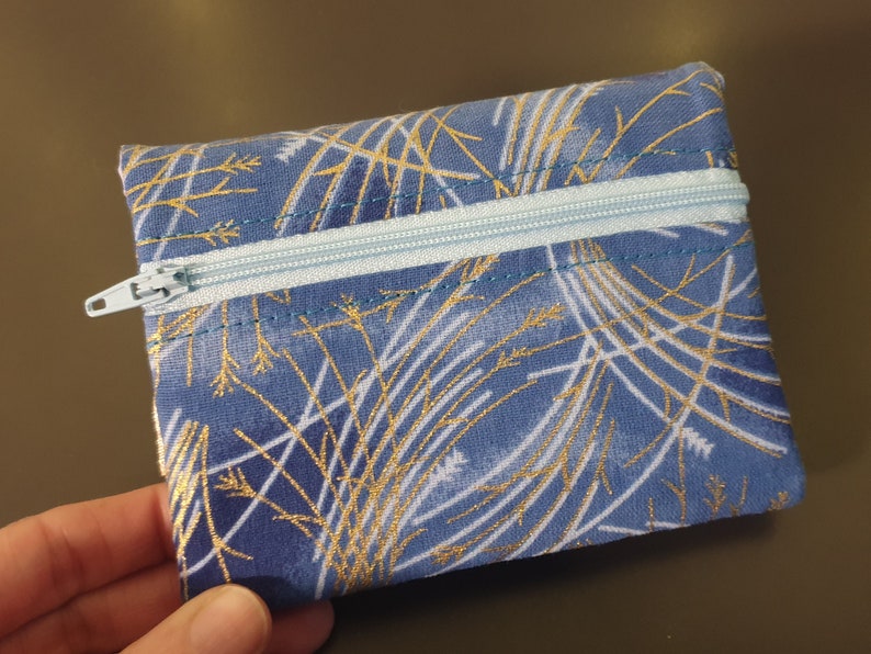 Japanese wallet blue foliage multi-pocket zipper coin purse fabric card holder elastic closure image 4