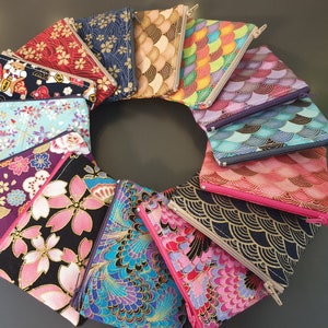 Porte monnaie japonnais en tissus porte carte bourse eventails plumes chat bonheur sakura fermeture éclaire idée cadeau au choix