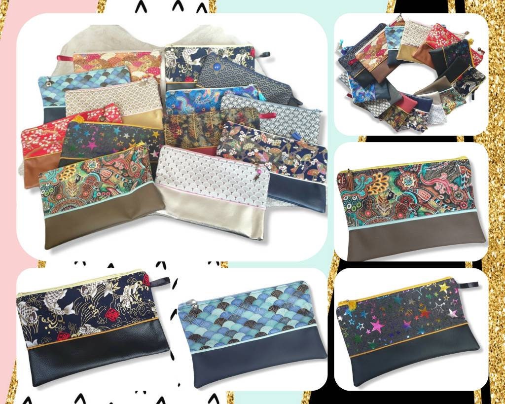 Pochette en Tissus Japonais et Simili Cuir Pour Sac A Main, Trousse de Toilette ou Maquillage. Poche