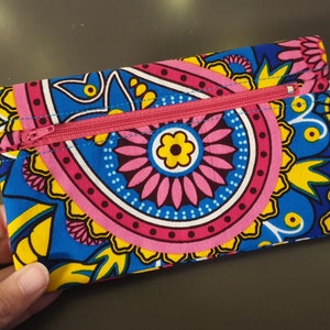 Portefeuille organisateur porte chéquier tissus wax cachemire rose carte fermeture éclaire porte monnaie élastique