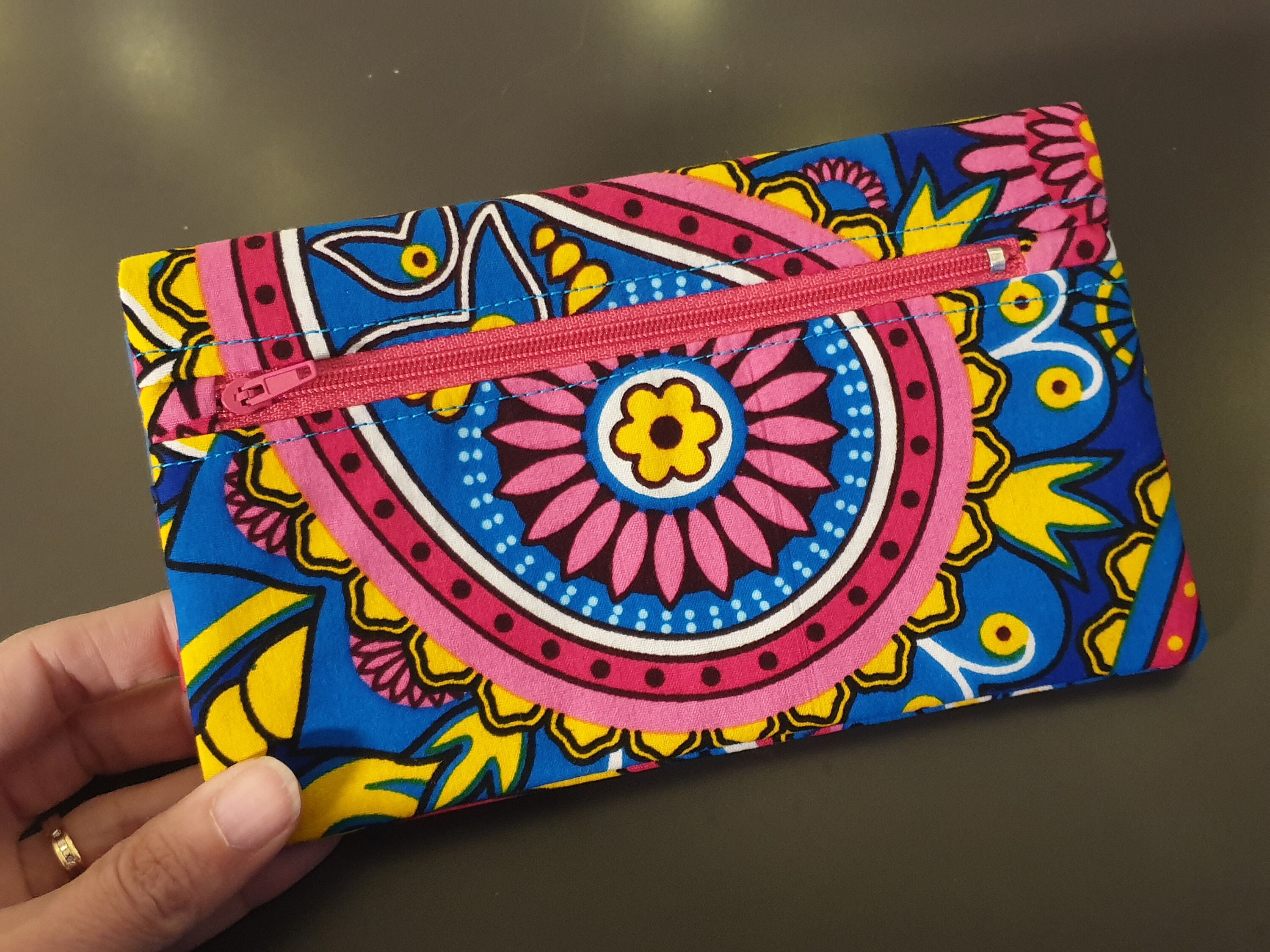 Organizer wallet checkbook holder wax fabric cashmere pink card zipper elastic coin purse