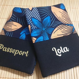 Portefeuille personnalisé étui passeport et porte carte en tissus protége passeport porte carte fermeture élastique