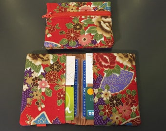 Cartera japonesa flores rojas multibolsillos cremallera monedero tela tarjetero cierre elástico