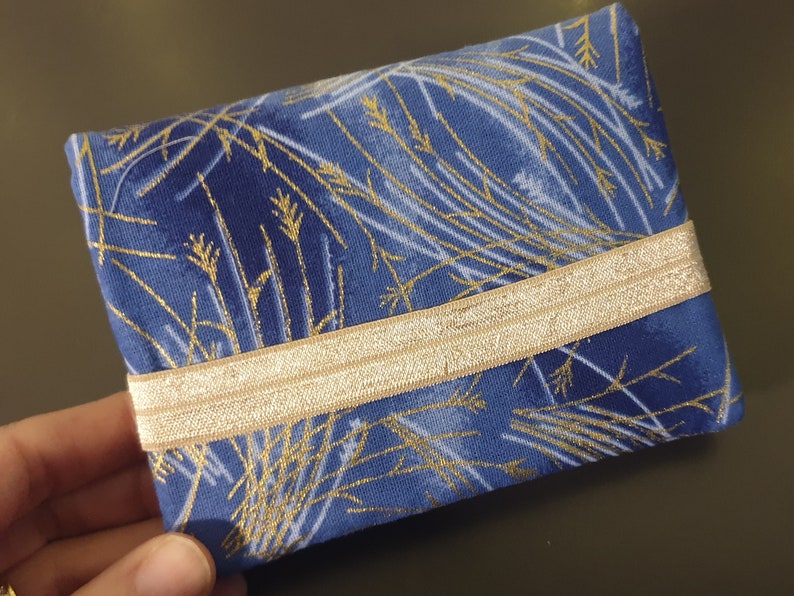 Japanese wallet blue foliage multi-pocket zipper coin purse fabric card holder elastic closure image 3