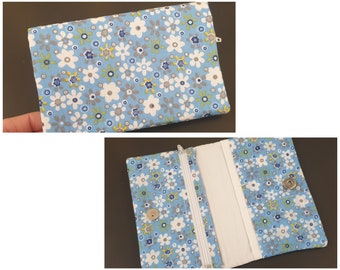 Portafoglio grande fiore blu e bianco stile librety multitasche portamonete con cerniera portacarte in tessuto bottone magnetico