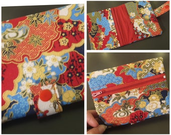 Cartera japonesa flores rojas doradas multibolsillos cremallera monedero tela tarjetero cierre a presión