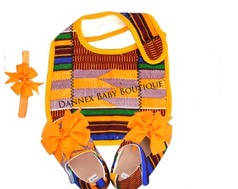 baby bibs,Baby girl shoes with bib, handmade  ,baby shoe with bib,baby gift set,kente,colourful print fabric,orange shoe