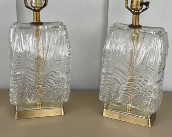 Vintage Elegant Coastal Glass and Brass Table Lamps, Whiskey Glass Lamps, Hollywood Regency Table Lamps, Pair of Ice Glass Table Lamps