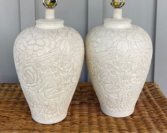 Vintage Pair of Floral Etched Ceramic Lamps, Coastal Side Table Lamps, Natural Table Lamps with Flower Decor, Grandmillennial Bedside Lamps