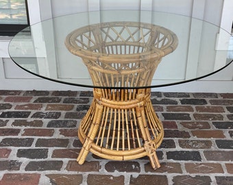 Vintage Bamboo Glass Top Dining Table, Round Glass Coastal Dining Table, Bamboo Table Base with Glass Top, Old Florida Dining Table