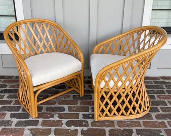 Vintage Rattan Side Chairs with New Sunbrella Fabric, Sturdy Solid Rattan Wood Accent Chairs, Coastal Side Chairs, Coastal Captain Chairs