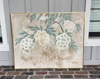 Vintage Lee Reynolds Oil on Canvas Floral Painting with Gold Frame, Neutral Large Canvas Painting, Master Bedroom Large Art, Earth Tone Art