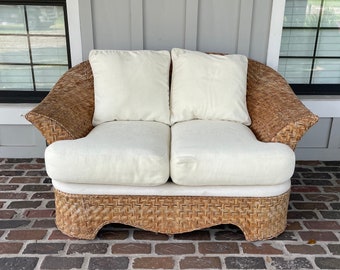 Vintage Wicker Loveseat with White Upholstery, Coastal Sofa with White Cushions, Natural Rattan Sofa, Sunroom Couch, Sun Room Love Seat