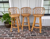 Vintage swivel rattan stools, Swivel bar stools, Vintage barstools, Bentwood bar stools, Coastal barstool, Pencil reed barstools, Tropical