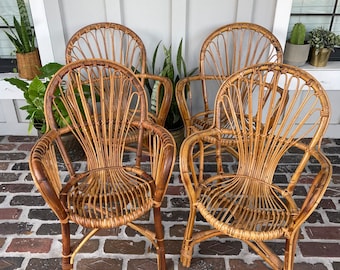 Vintage rattan dining chairs, Bamboo dining chairs, Bentwood chairs, Fan back rattan, Franco Albini style dining, Coastal dining chairs