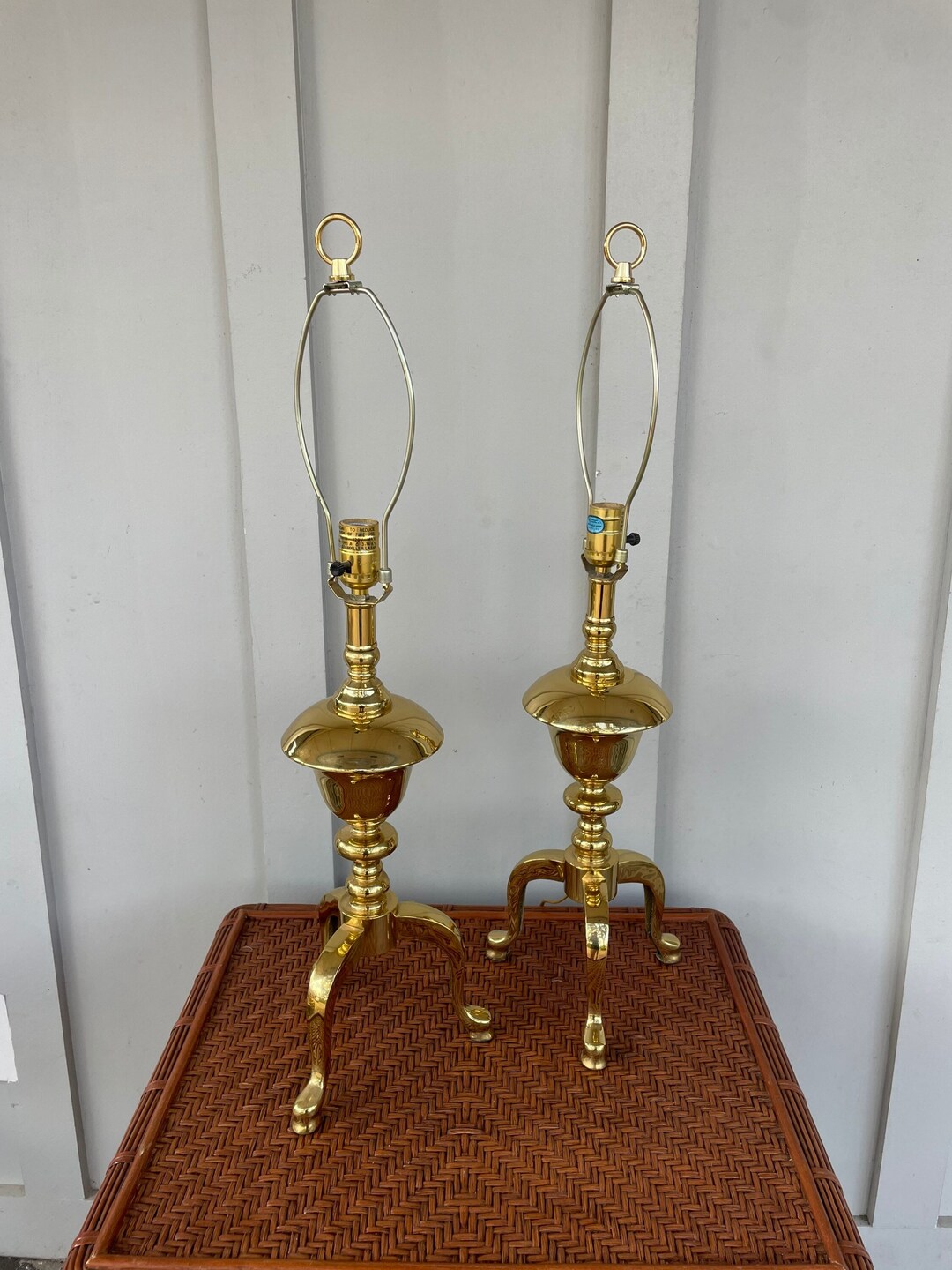 Pair of Vintage Brass Footed Candlestick Lamps, Vintage Brass Table