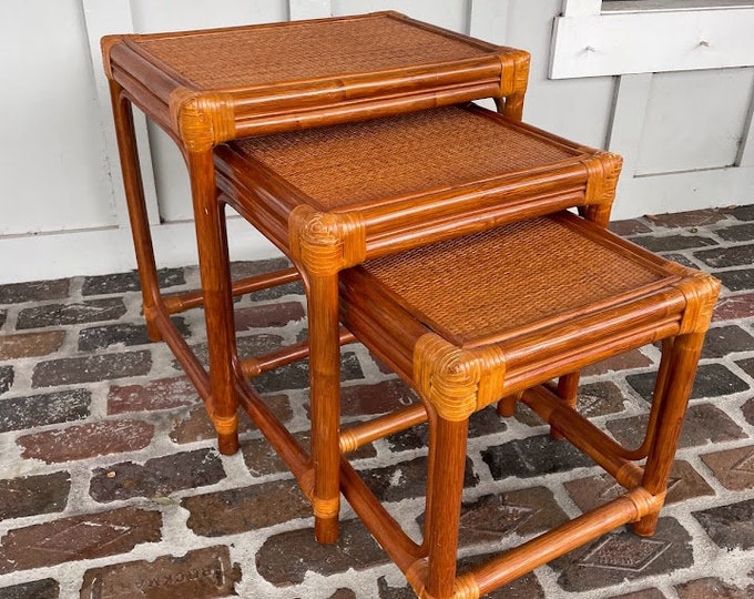 RESERVED JENNIFER Vintage Rattan Nesting Tables, Three Rattan Nesting