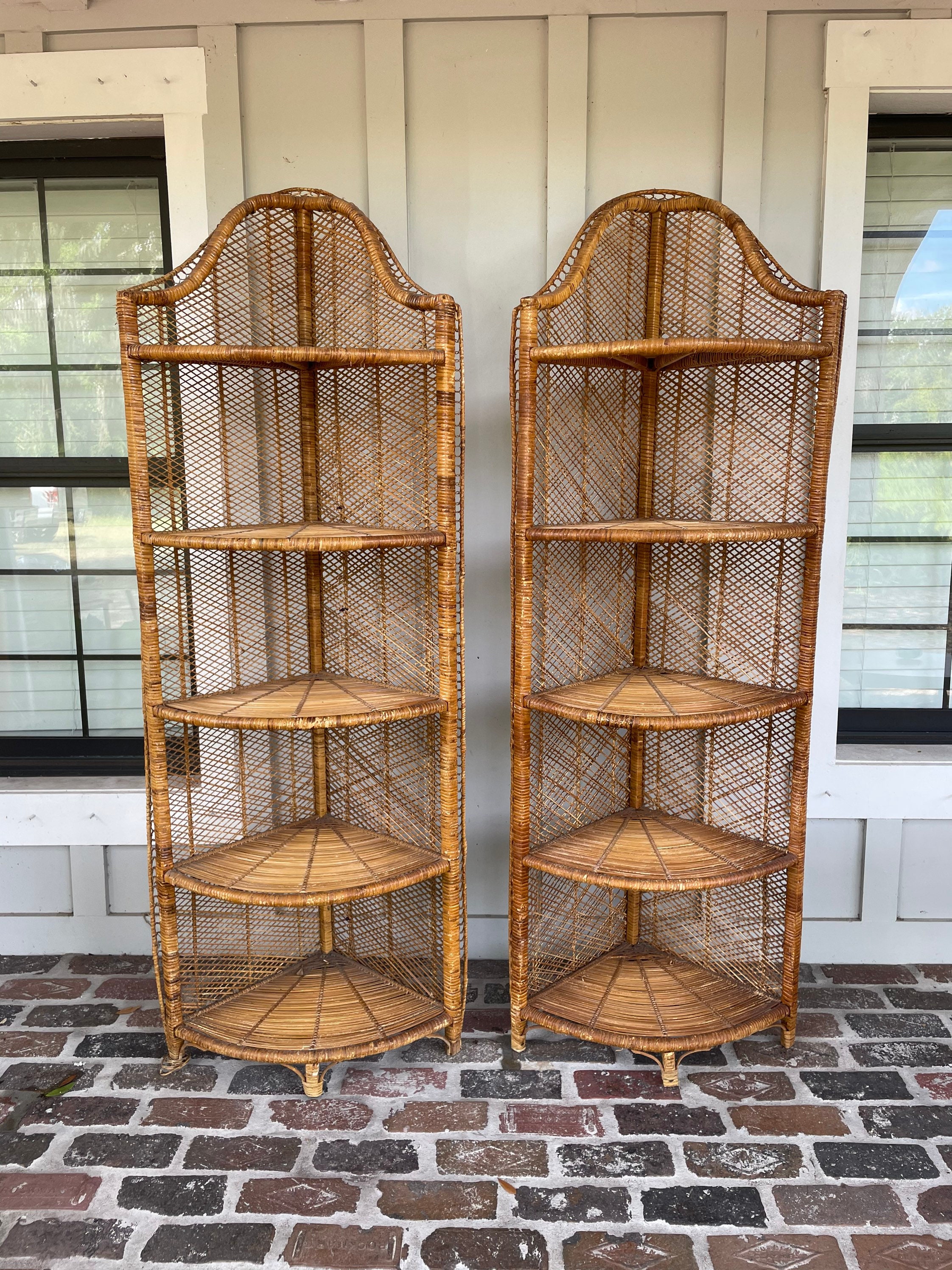 Vintage wicker corner shelf Wicker bookshelf Bathroom shelf Etsy