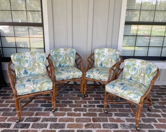 Vintage Chippendale Style Rattan Rolling Dining Chairs, Henry Link Style Rolling Chairs, Rattan Barrel Chairs, Chinoiseries dining chairs