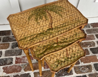 Vintage Tropical Nesting Tables with Woven Rattan and Palm Tree Motif, Coastal Wood Nesting Tables, Hawaiian Side Tables, Rattan Side Tables