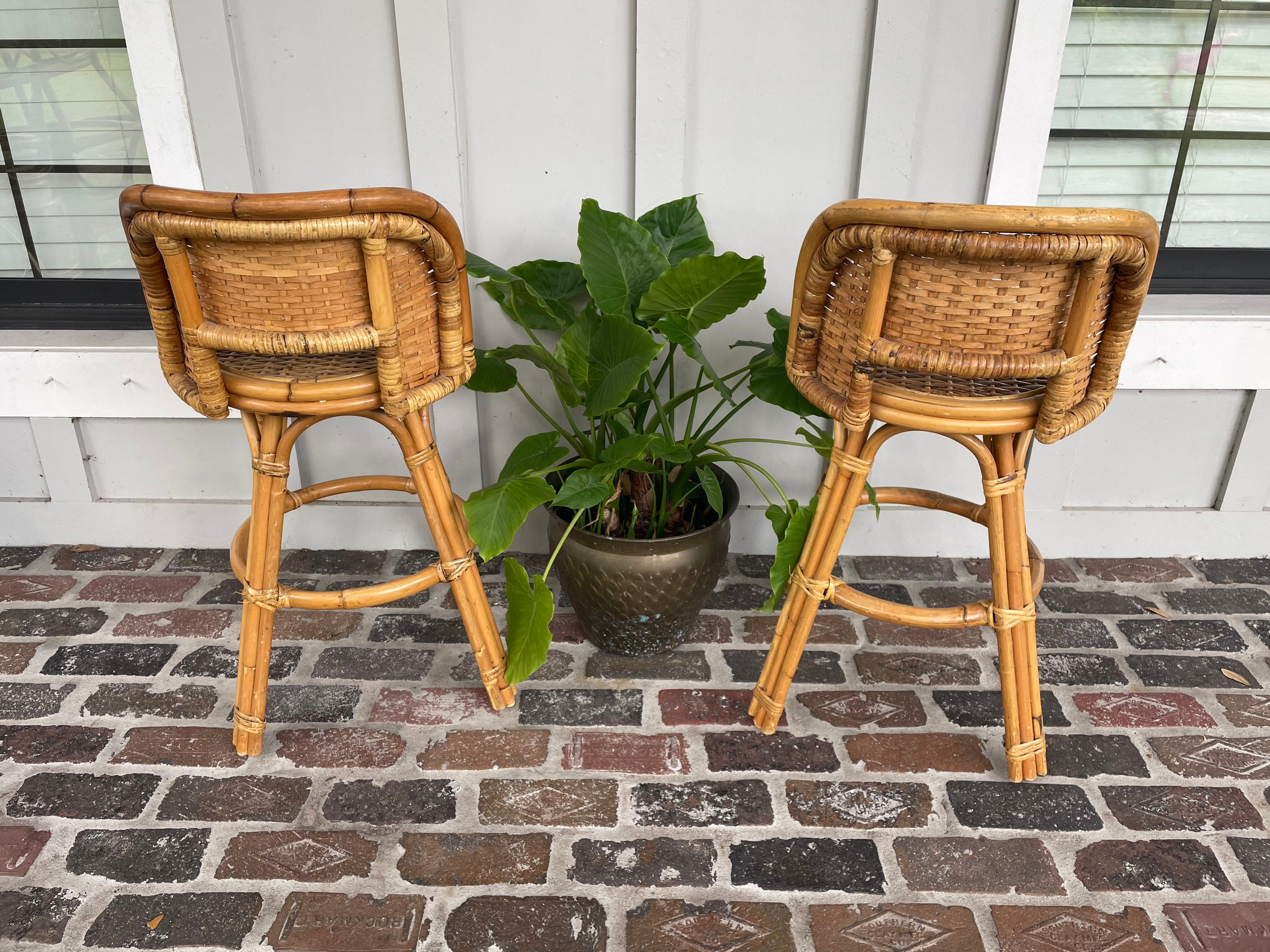 Vintage bamboo stools Swivel bar stools Vintage chairs Etsy