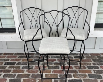 Set of 3 Vintage Heavy Iron Barstools, Scalloped Metal Back Counter Height Barstools, Minimalist Counter Barstools, Very Sturdy Bar stools