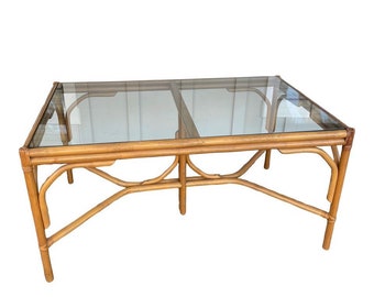 Vintage rattan dining table, Natural rattan dining table, Coastal home furniture, Rattan glass top dining table, Large glass dining table