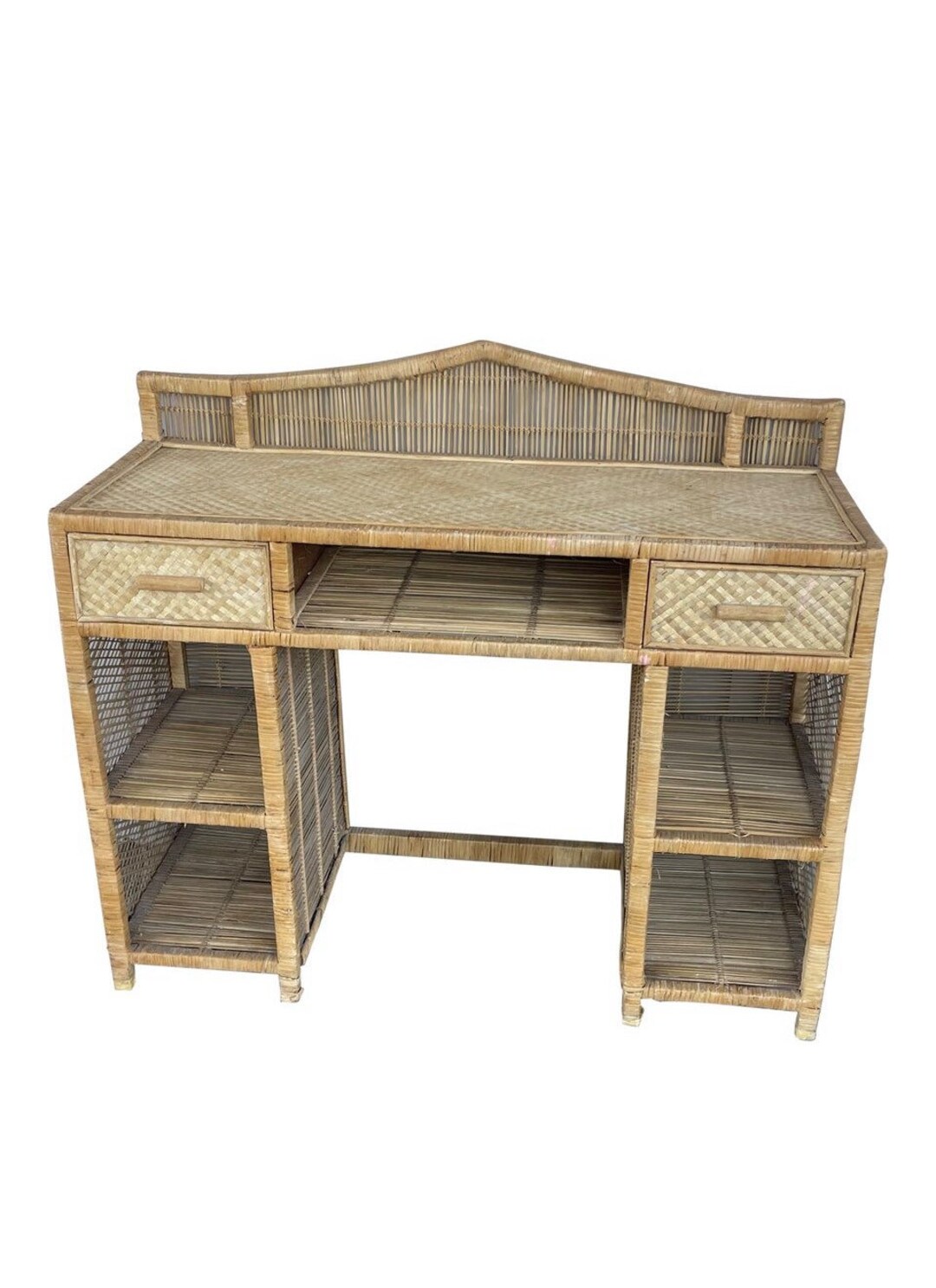 Vintage Wicker Desk With Drawers, Wicker Vanity With Storage, Laptop