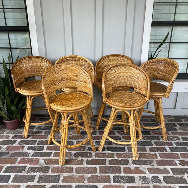 RESERVED  Vintage bamboo swivel barstools, Wicker swivel barstools, Rattan swivel stools, Coastal counter height barstools, Bamboo barstools