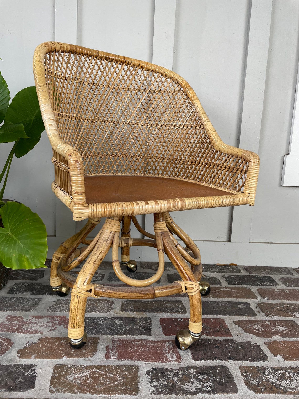 Vintage wicker desk chair Swivel desk chair Vanity chair Etsy