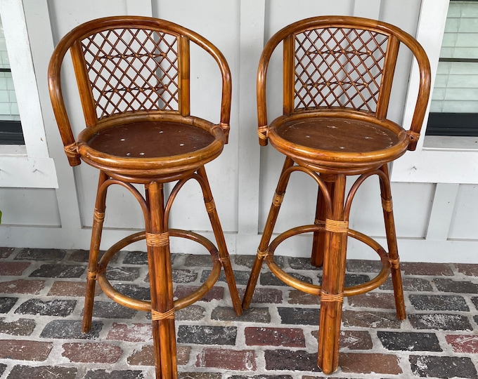 Pair of Boho Bar Stools, Vintage Wicker Bar Stools, Wicker Chairs, Boho
